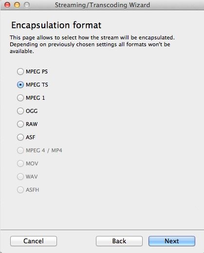 поток vlc на телевизор - выберите mpeg ts