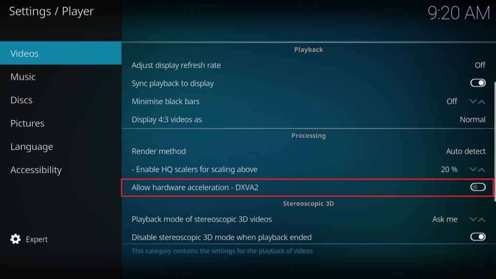 Отключить аппаратное ускорение Kodi
